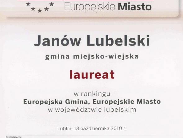 Dyplom laurata konkursu "Europejska Gmina, Europejskie Miasto" w kategorii gmina miejsko-wiejska w 2010 roku.