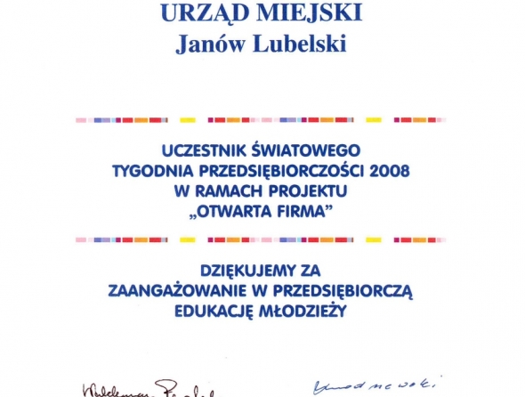 Zaświadczenie o uczestnictwie Urzędu Miejskiego Janowa Lubelskiego w projekcie "Otwarta Firma".