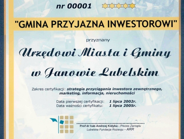 Certyfikat "Gmina przyjazna inwestorowi" z 2005 roku.