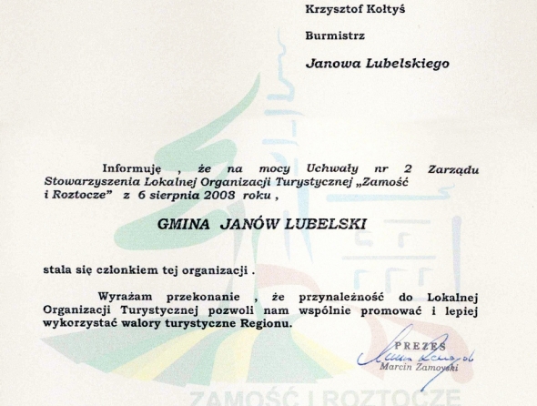 Potwierdzenie dołączenia Gminy Janów Lubelski do Stowarzyszenia Lokalnej Organizacji Turystycznej "Zamość i Roztocze" z 2008 roku.