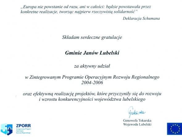 Gratulacje od Wojewody Lubelskiego dla Gminy Janów Lubelski za aktywn udział w Zintegrowany Programie Operacyjnym Rozwoju Regionalnego w latach 2004-2006.