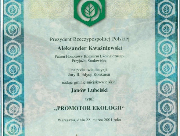 Certyfikat tytułu "Promotor ekologii" z 2001 roku.