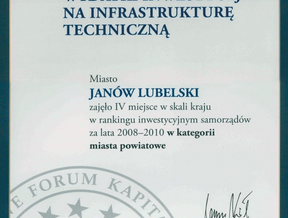 Certyfikat za 4 miejsce w skali kraju w kategorii gmin miejsko-wiejskich za wydatki na infrastrukturę techniczną w latach 2008-10.