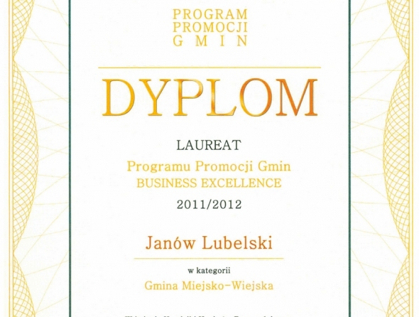Dyplom laurata Programu Promocji Gmin Business Excellence w latach 2011-12.