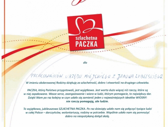 Certyfikat Szlachetnej Paczki dla pracowników UM w Janowie Lubelskim.