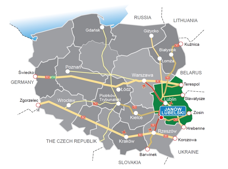 Mapa Polski z ulokowaniem Janowa Lubelskiego w pobliżu tras o znaczeniu międzynarodowym.