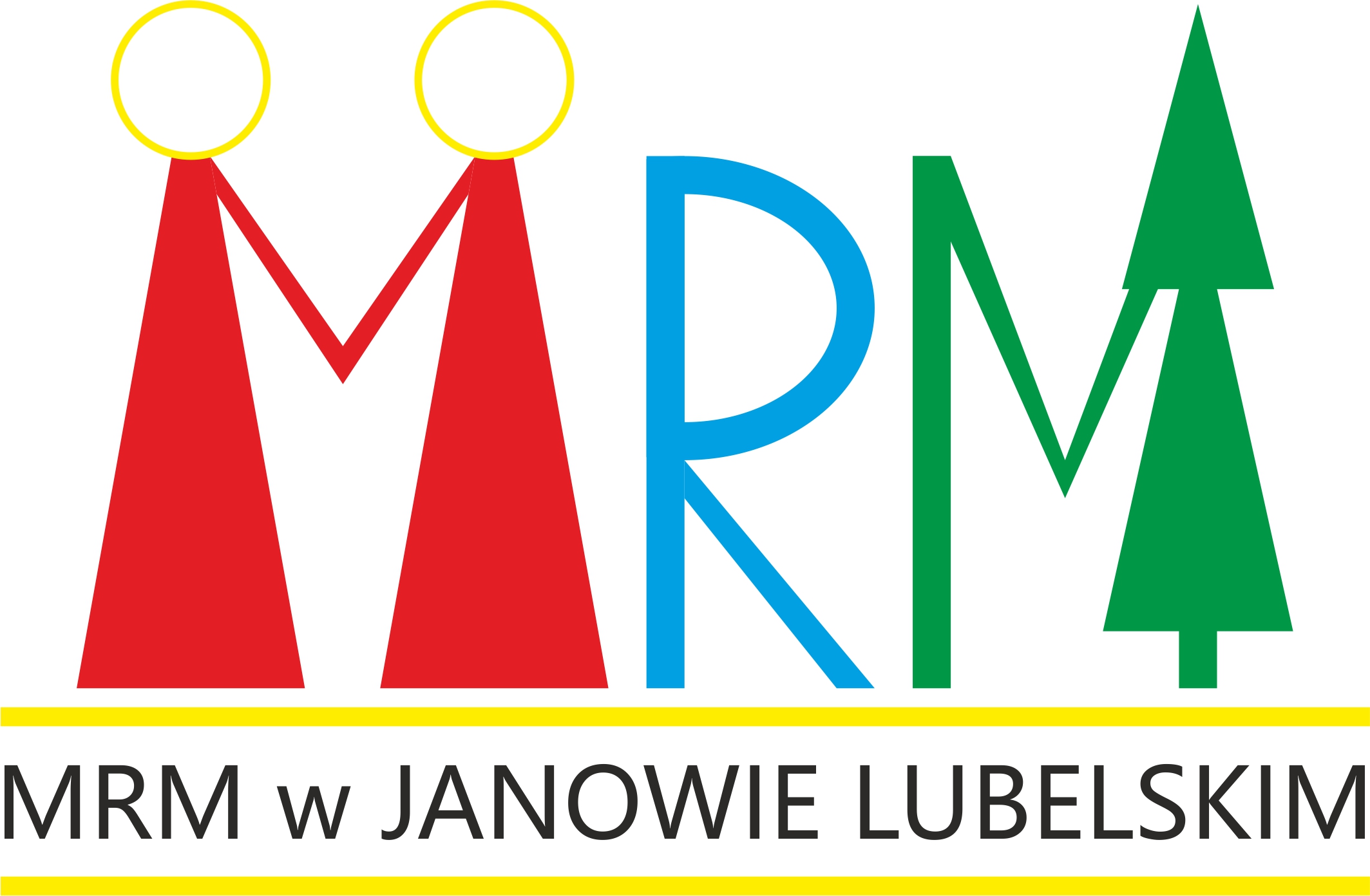 Logotyp Młodzieżowej Rady Miejskiej, stylizowane na grafikę litery M (dwie osoby trzymające się za ręcę; R i M (której prawa część to zielone drzewo iglaste); pod tym napis: MRM W JANOWIE LUBELSKIM.