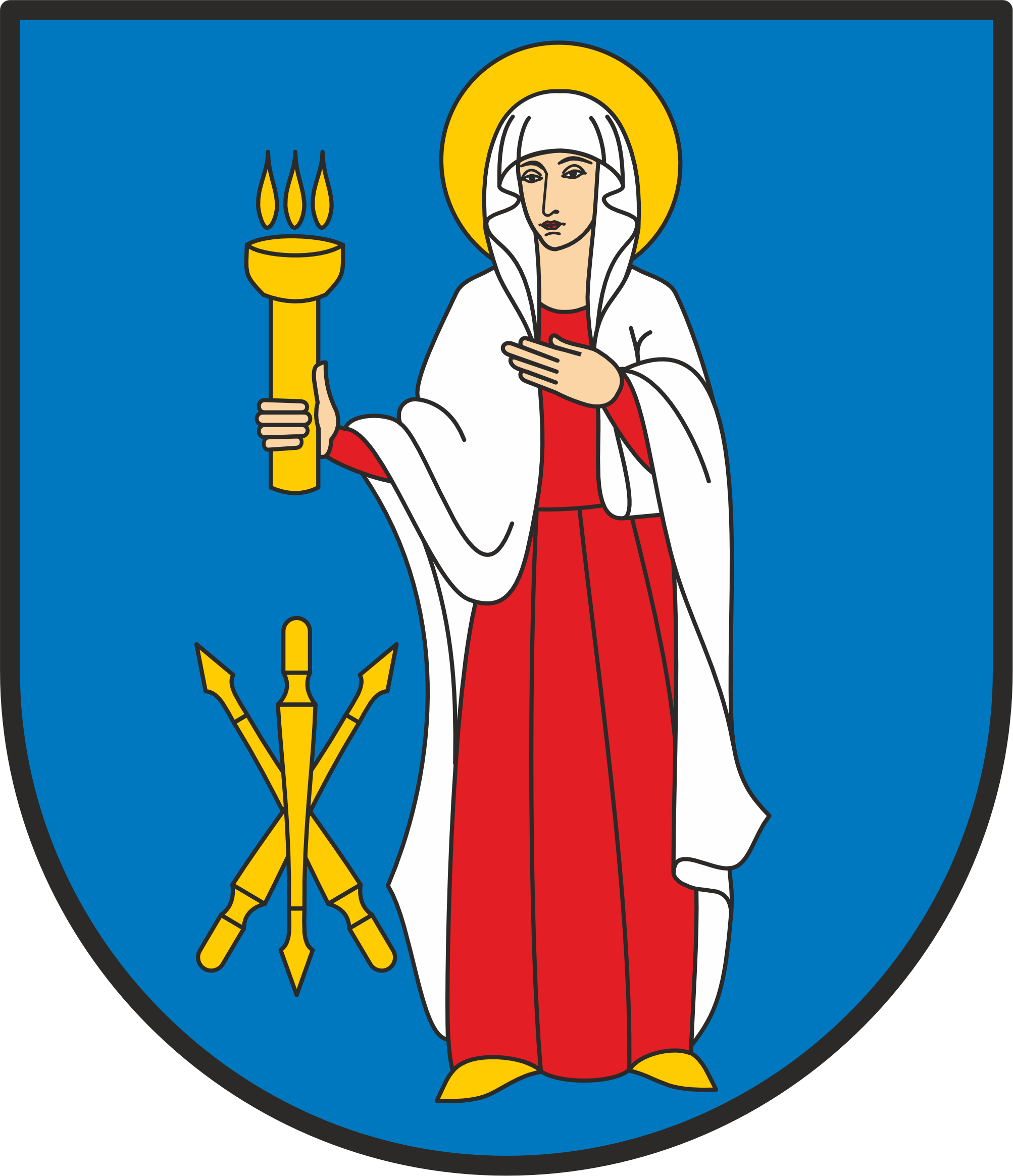 Herb Miasta; na błękitnej tarczy postać Matki Bożej w czerwonej sukni i białym płaszczu; w dłoni trzyma kandelabr, obok skrzyżowane buławy hetmańskie.